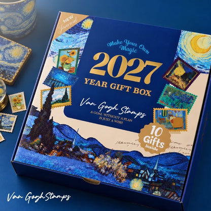 Mofakera Van Gogh Stamps Year Gift Box 2027 – Luxury A5 Daily Planner & 10-Piece Stationery Gift Set - Blue ( Agenda )