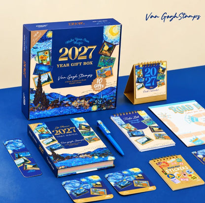 Mofakera Van Gogh Stamps Year Gift Box 2027 – Luxury A5 Daily Planner & 10-Piece Stationery Gift Set - Blue ( Agenda )