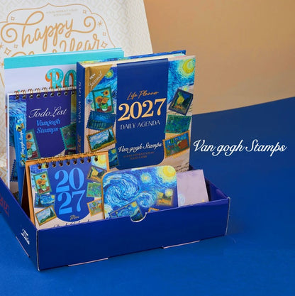 Mofakera Van Gogh Stamps Year Gift Box 2027 – Luxury A5 Daily Planner & 10-Piece Stationery Gift Set - Blue ( Agenda )