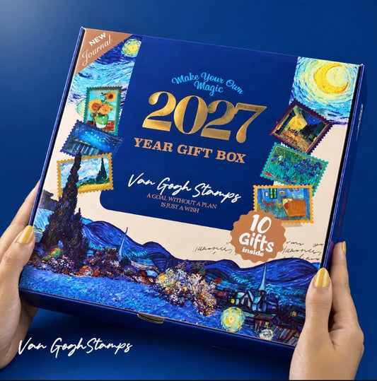 Mofakera Van Gogh Stamps Year Gift Box 2027 – Luxury A5 Daily Planner & 10-Piece Stationery Gift Set - Blue ( Agenda )