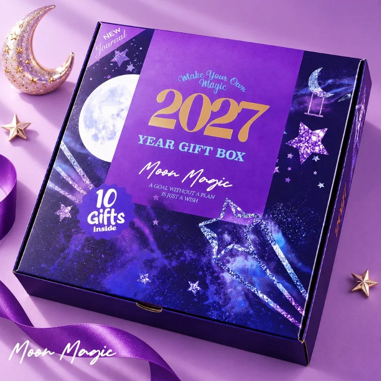 Mofakera Moon Magic 2027 Year Gift Box – Luxury A5 Daily Planner & 10-Piece Stationery Gift Set - Purple ( Agenda )