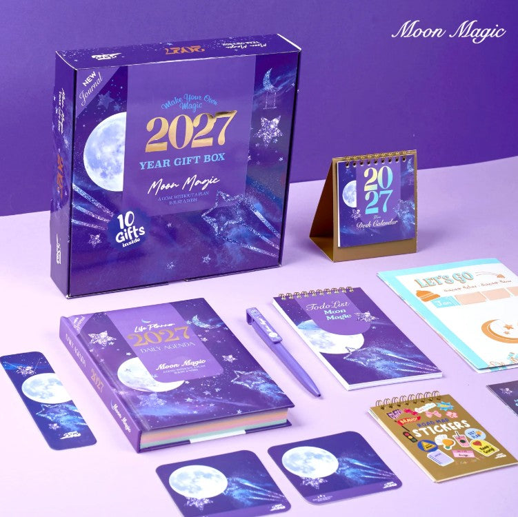 Mofakera Moon Magic 2027 Year Gift Box – Luxury A5 Daily Planner & 10-Piece Stationery Gift Set - Purple ( Agenda )