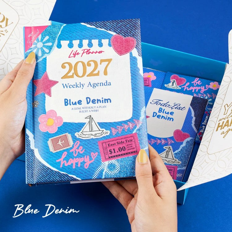 Mofakera Blue Denim 2027 Weekly Gift Box – A5 Weekly Planner & 7-Piece Stationery Gift Set - Jeans (Agenda )
