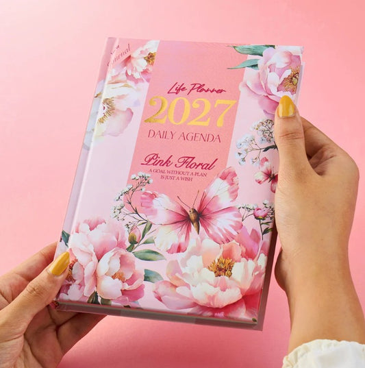 Mofakera Pink Floral Hardcover Daily Agenda 2027 – Premium Planner with Gift Card & Bookmark - Size: A5 - Pink (Agenda)