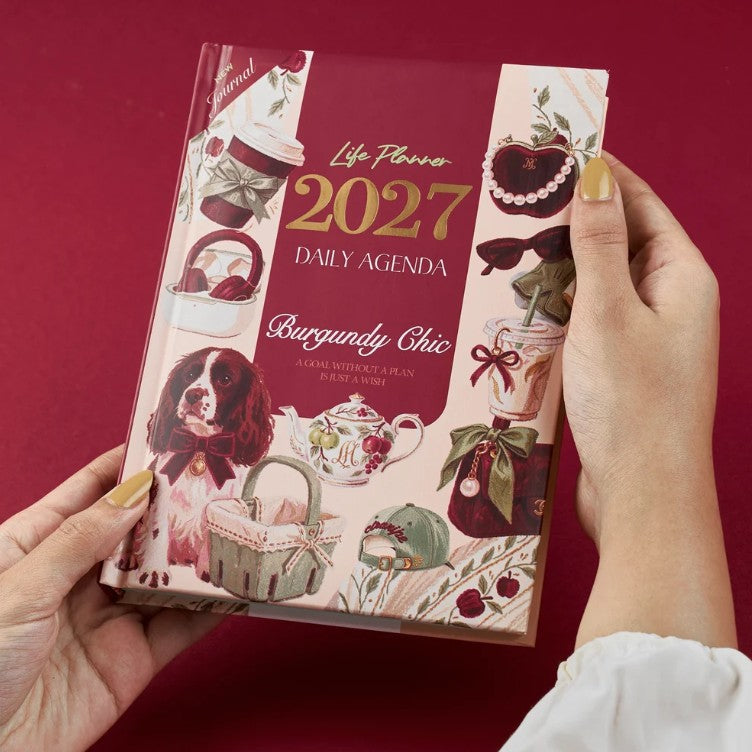 Mofakera Burgundy Chic Hardcover Daily Agenda 2027 – Premium Planner with Gift Card & Bookmark - Size: A5 - Drak Red (Agenda)