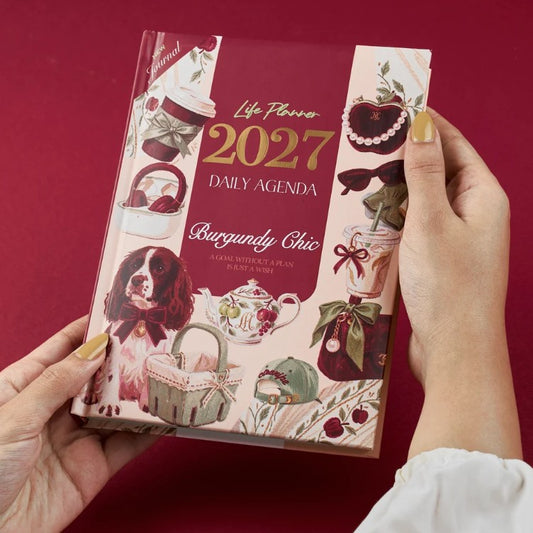 Mofakera Burgundy Chic Hardcover Daily Agenda 2027 – Premium Planner with Gift Card & Bookmark - Size: A5 - Drak Red (Agenda)