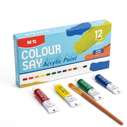 M&G Chenguang Acrylic Paint Set, 12 Colors × 5ml – Artist Quality Acrylic Paints with Brush for Canvas, Wood, Paper & Crafts - No: APL976T8