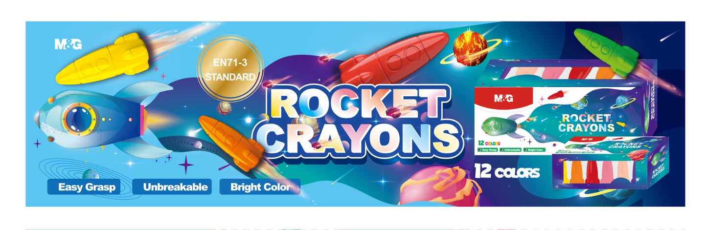 M&G Chenguang 12 Colors Crayons for Toddlers, Non-Toxic Washable Rocket Crayons, – Easy Grip Washable Crayon Set for Kids - No:AGMX4175