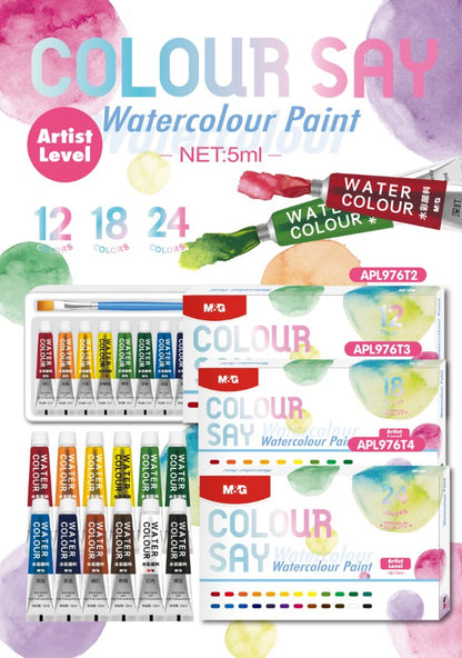 M&G Chenguang Watercolour Paint Set – 12 Vibrant Colors (5ml Tubes) for Artists, Students & Beginners - No: APL976T2