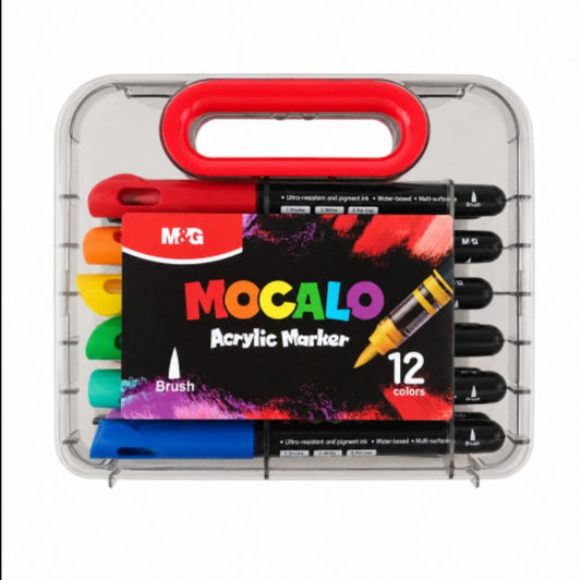M&G Chenguang Mocalo Acrylic Brush Markers – 12 Vibrant Colors, Water-Based Paint Pens with Flexible Brush Tip, Premium Storage Case - No: APMT80H2