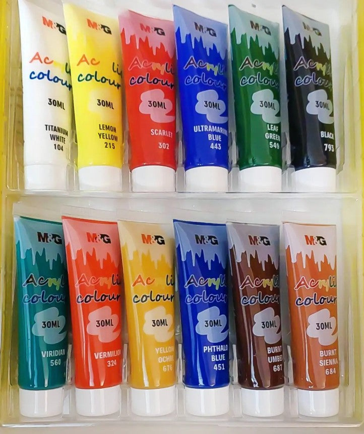 M&G Chenguang Acrylic Paint Set – 12 x 30ml Vibrant Colours, Quick-Drying High Pigment Acrylic Paints for Canvas, Wood, Fabric, Paper & Crafts - No: APLP76M0
