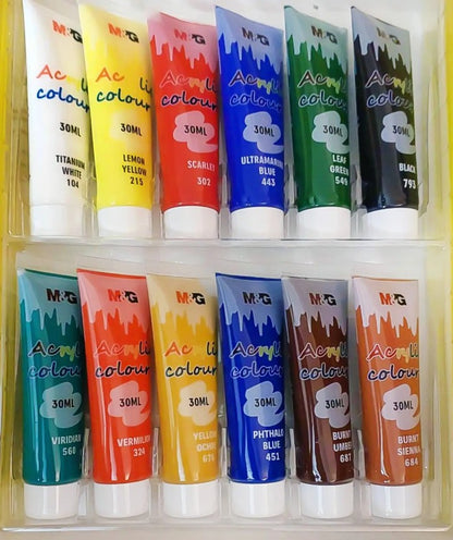 M&G Chenguang Acrylic Paint Set – 12 x 30ml Vibrant Colours, Quick-Drying High Pigment Acrylic Paints for Canvas, Wood, Fabric, Paper & Crafts - No: APLP76M0