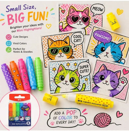 M&G Chenguang Mini Highlighter Set – 6 Fruity Scented Neon Highlighters, Chisel Tip, Cute "So Many Cats" Design for School, Office & Journaling - No: AHM29676