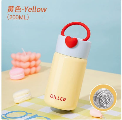 DILLER Vacuum Insulated Stainless Steel Flask with Heart Lid – 200ml Leakproof Travel Coffee & Tea Bottle