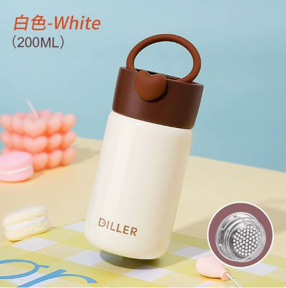 DILLER Vacuum Insulated Stainless Steel Flask with Heart Lid – 200ml Leakproof Travel Coffee & Tea Bottle