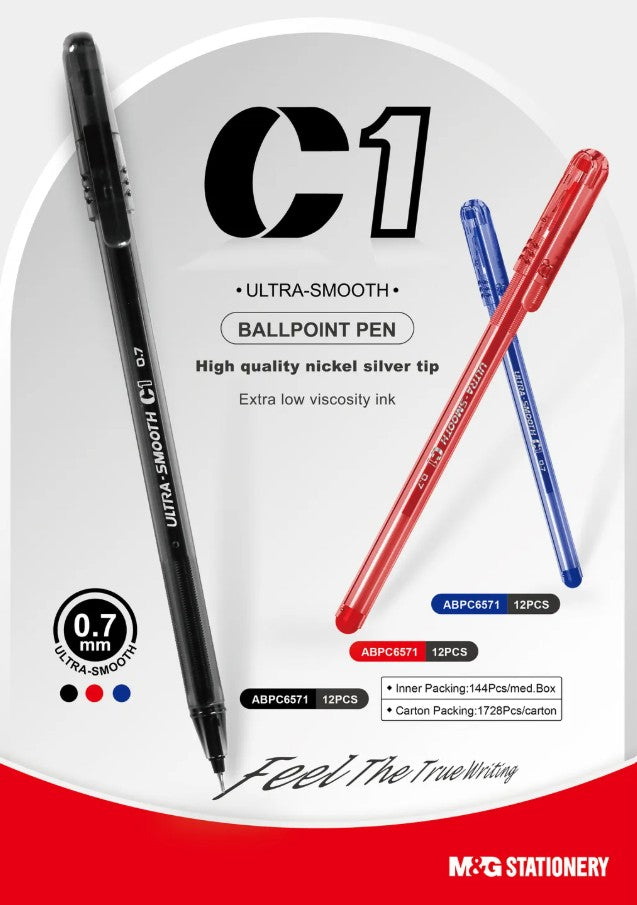 M&G Chenguang C1 Ultra-Smooth Ballpoint Pen 0.7mm– Effortless Writing with High-Quality Nickel Silver Tip - Blue or Black or Red - 1pcs - No: ABPC6571