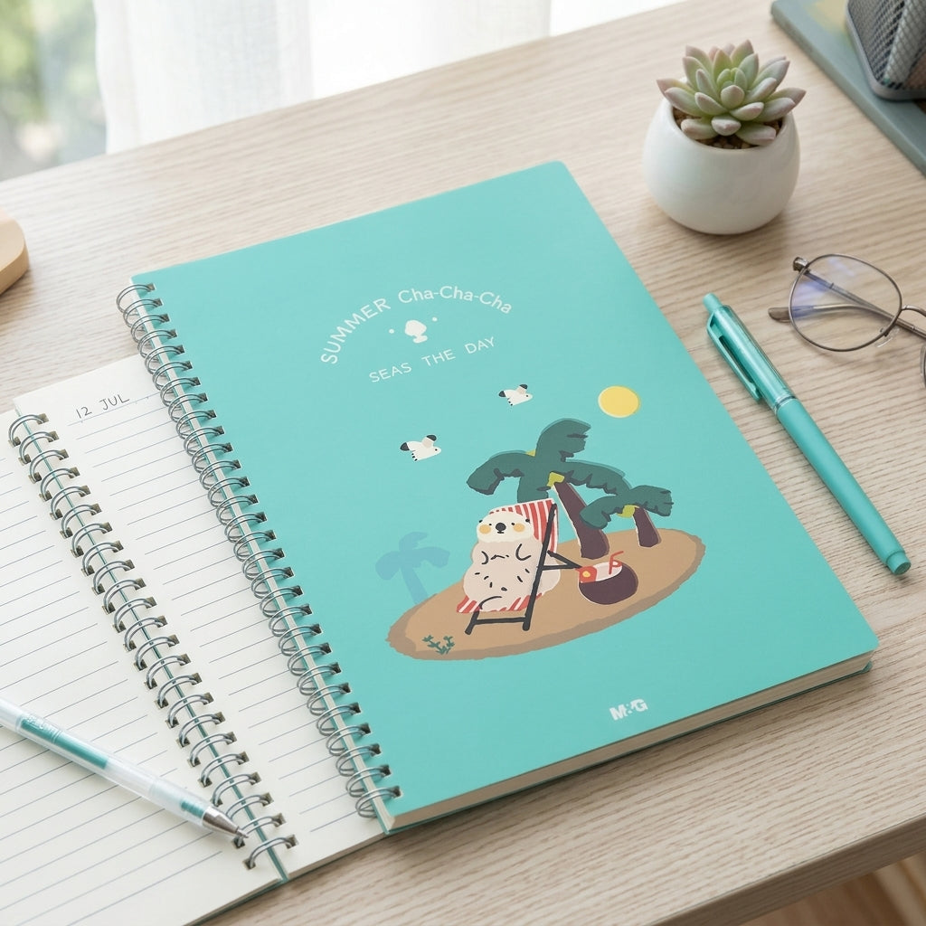 M&G Chenguang Spiral Notebook A4 – Ruled Spiral Bound Notebook, 56 Sheets, 210 × 297 mm, Summer Cha Cha Design - 1pcs - No: APNDB002