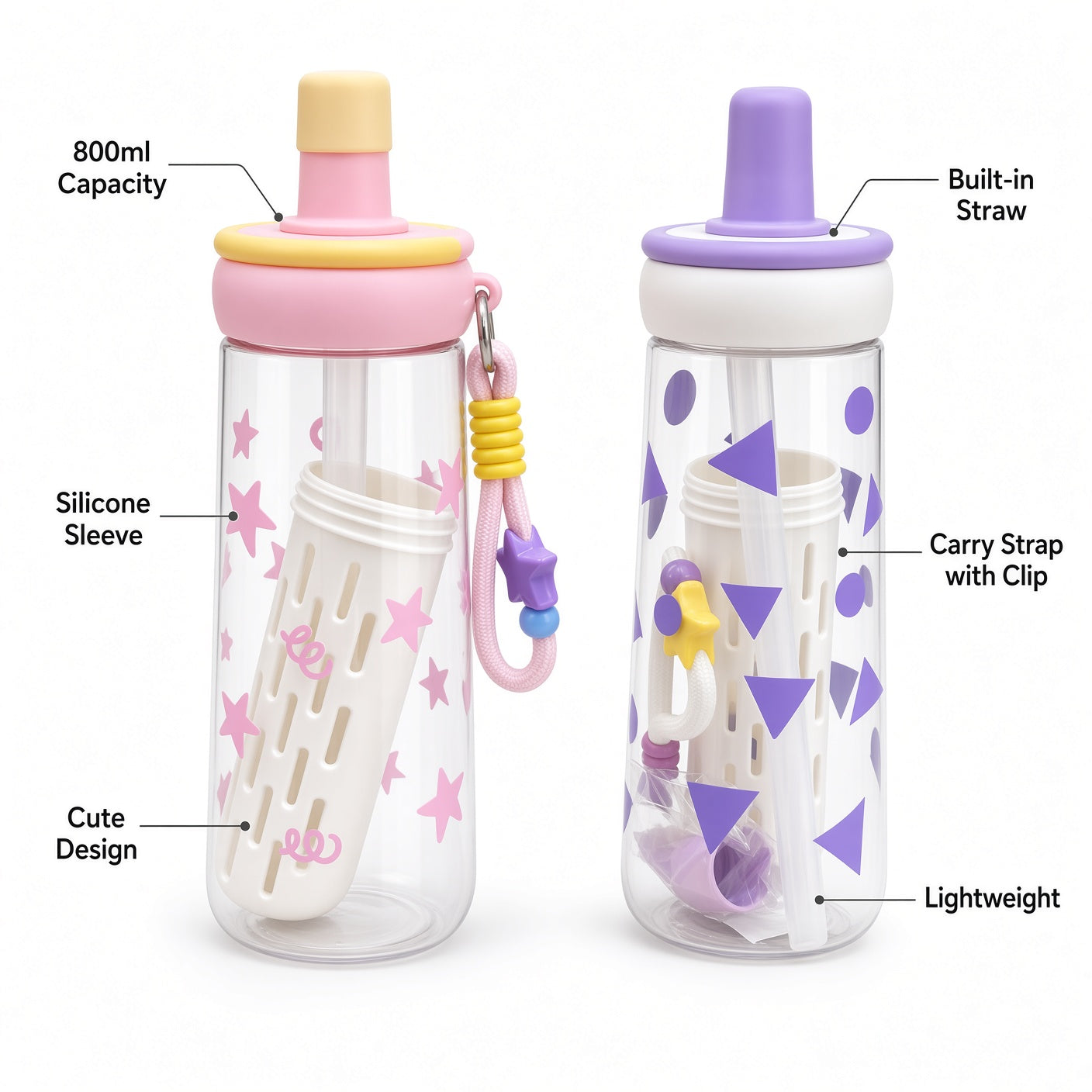 800ml Kids Water Bottle with Straw, Carry Strap & Protective Silicone Sleeve - 1pcs - Assorted Color