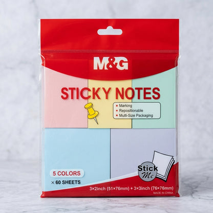 M&G Chenguang Sticky Notes Combo Pack – 5 Assorted Colors, 60 Sheets, Repositionable Self-Adhesive Memo Notes, 3×2 in (51×76 mm) & 3×3 in (76×76 mm)