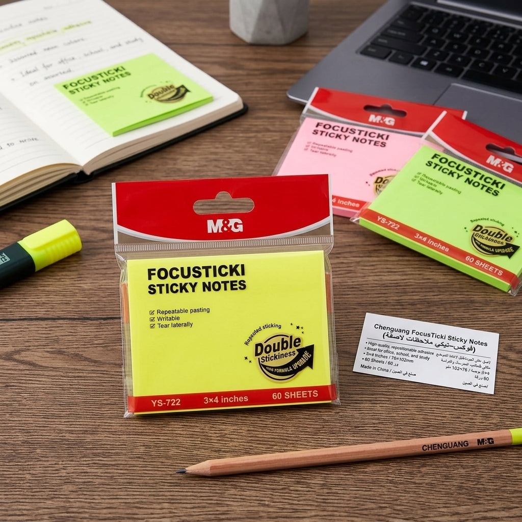 M&G Chenguang FocusTicki Sticky Notes 3 × 4 Inches – 60 Sheets, Repositionable Self-Adhesive Memo Pads, Assorted Neon Colors - 1pcs - No: YS-722