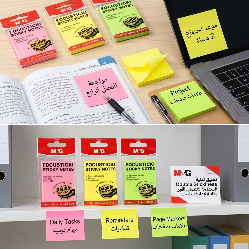 M&G Chenguang FOCUSTICKI Sticky Notes 3 × 2 Inches – 60 Sheets, Repositionable Self-Adhesive Memo Pads, Assorted Neon Colors - 1pcs - No: YS-723