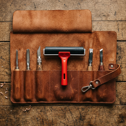 Leather tool roll opened flat with carving tools in its pockets