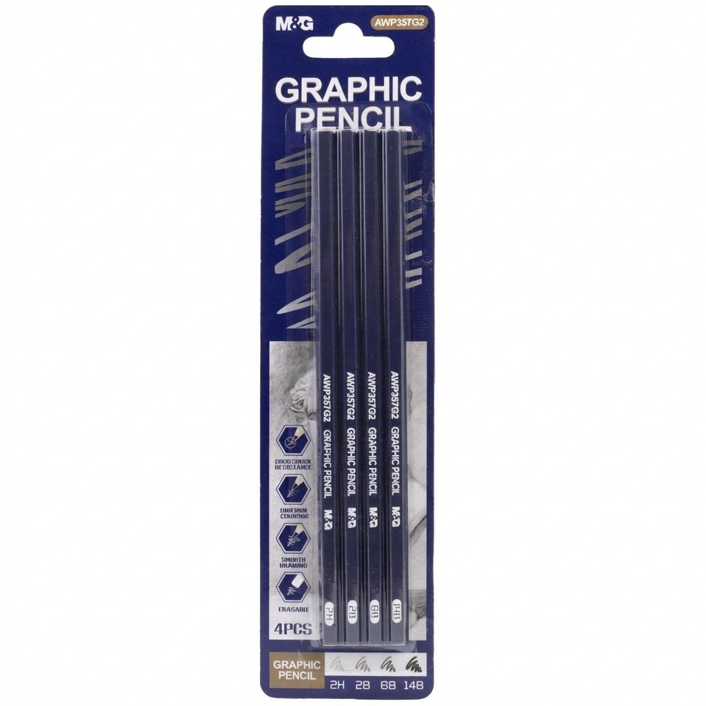 M&G set of 4 graphic pencils flatlay with sketch