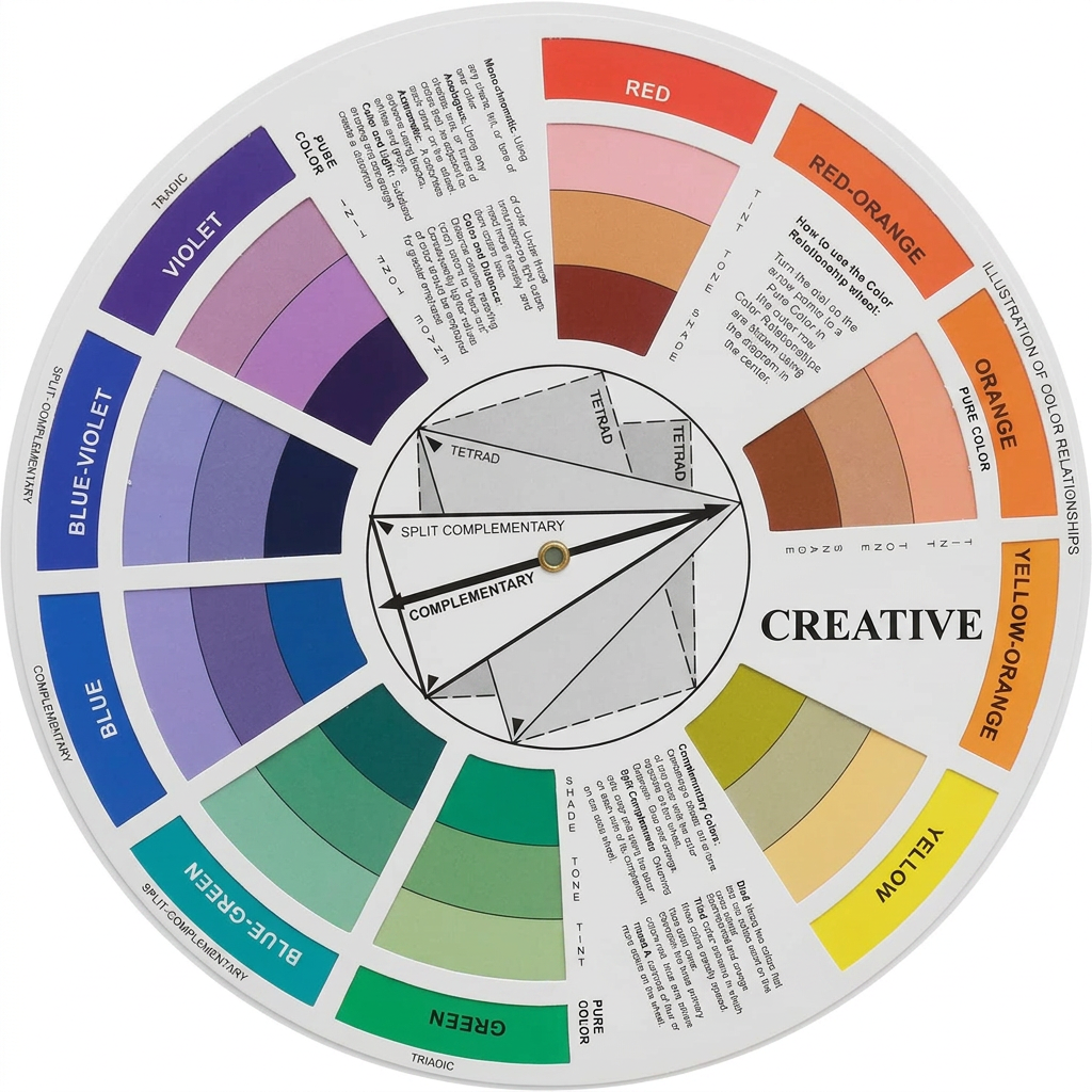 Creative paint color wheel held over an artist's desk as a mixing guide