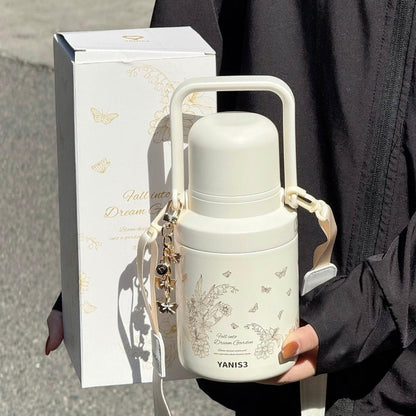 YANIS3 Dream Garden Vacuum Insulated Water Bottle with Shoulder Strap – 800ml – Cream