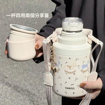 YANIS3 Dream Garden Vacuum Insulated Water Bottle with Shoulder Strap – 800ml – Cream