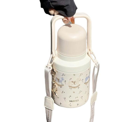 YANIS3 Dream Garden Vacuum Insulated Water Bottle with Shoulder Strap – 800ml – Cream