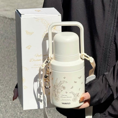 YANIS3 Dream Garden Vacuum Insulated Water Bottle with Shoulder Strap – 800ml – Cream