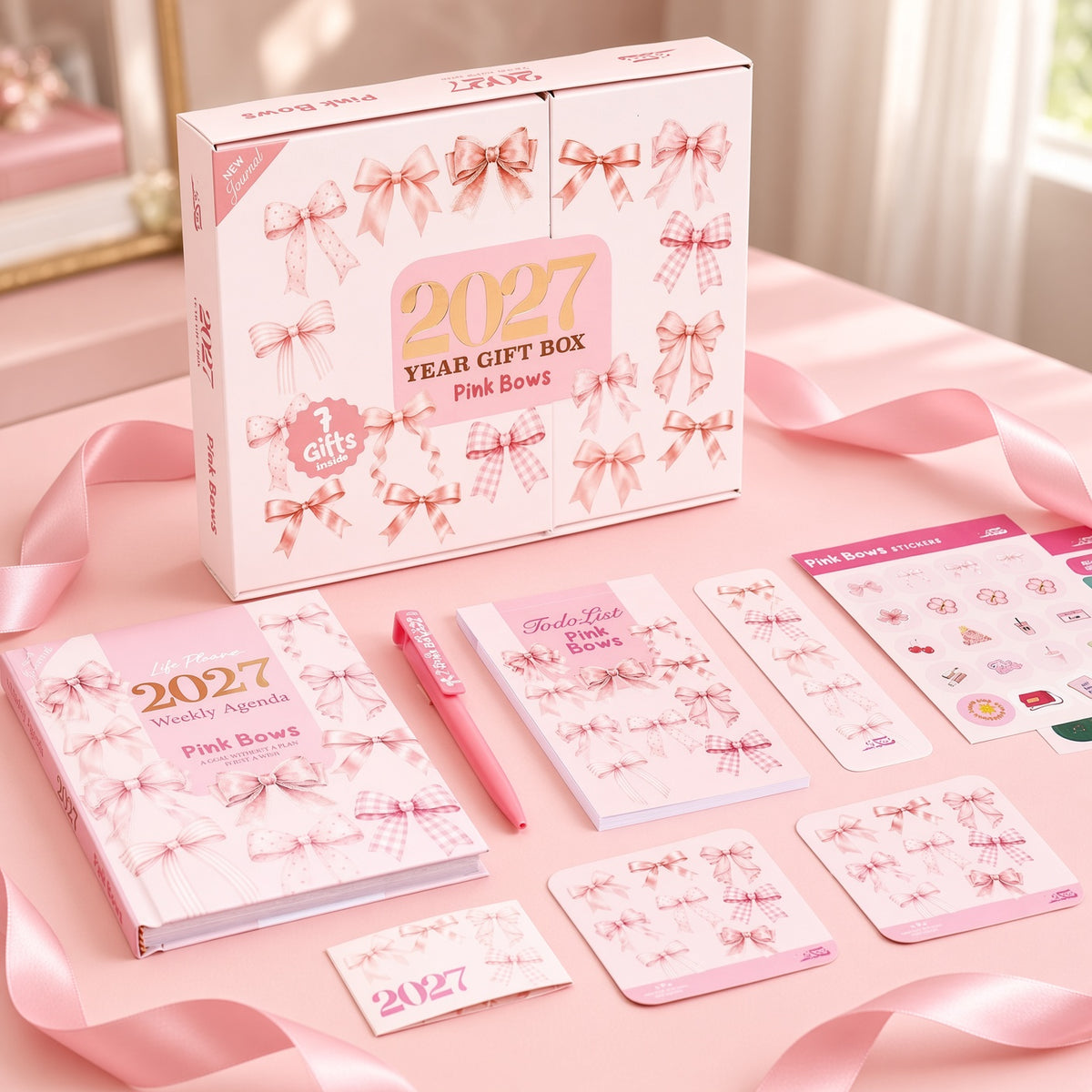 Mofakera Pink Bows Weekly Box 2027 – A5 Weekly Planner & 7-Piece Stationery Gift Set - Pink - ( Agenda )