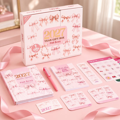 Mofakera Pink Bows Weekly Box 2027 – A5 Weekly Planner & 7-Piece Stationery Gift Set - Pink - ( Agenda )