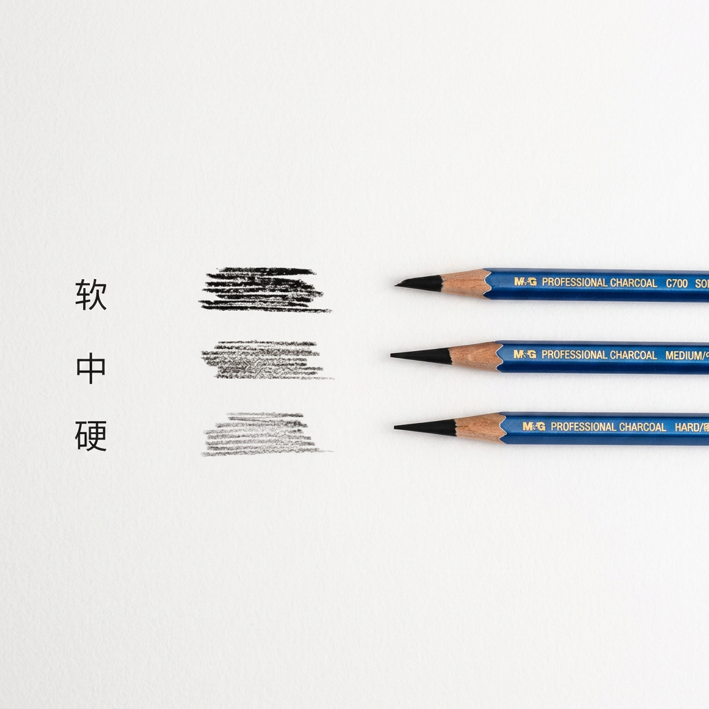 M&G professional charcoal pencils flatlay with charcoal sketch