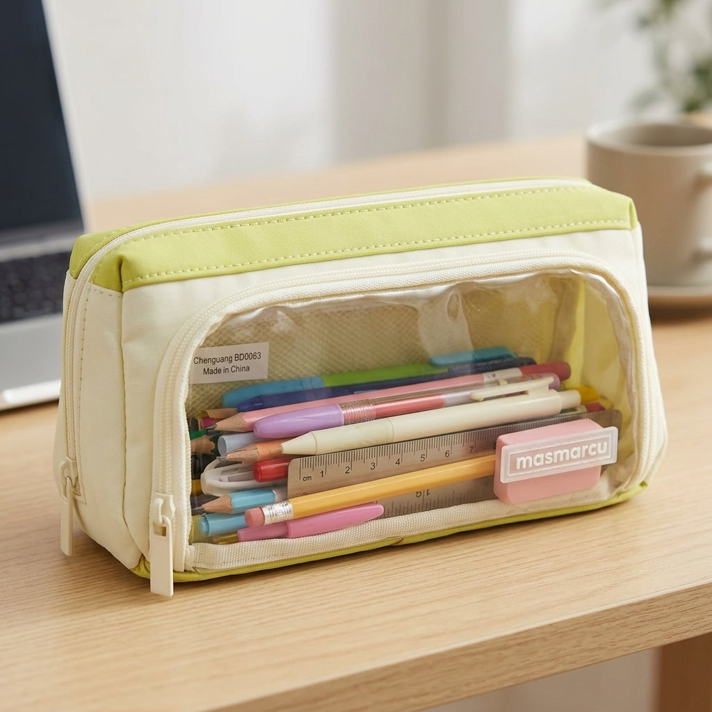 M&G Chenguang Masmarcu Transparent Large-Capacity Pencil Case with Double Compartments 2 Zipper – Yellow & White - No: BD0063