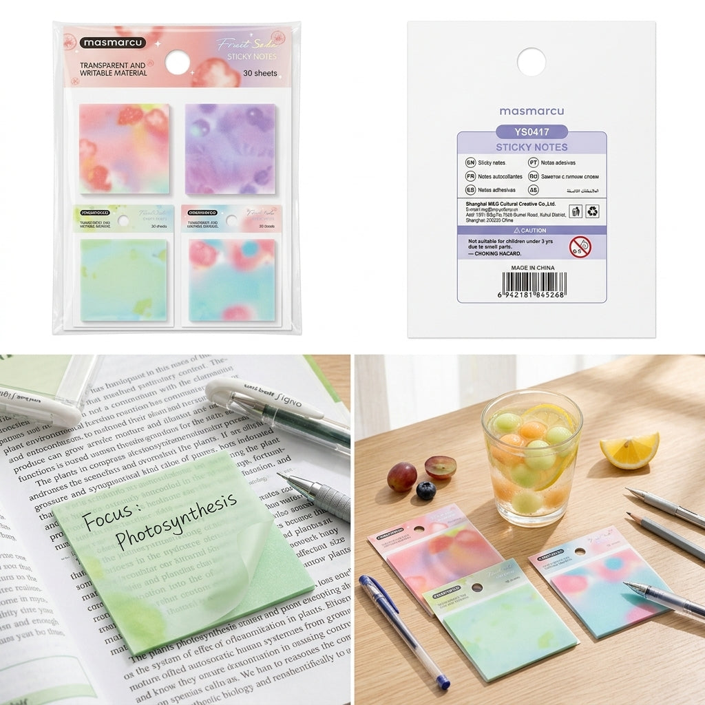M&G Chenguang Masmarcu Transparent Writable Sticky Notes – Fruit Soda Series, 30 Sheets, Reusable Self-Adhesive Memo Pad, Translucent Notes - 1pcs - No: YS0417