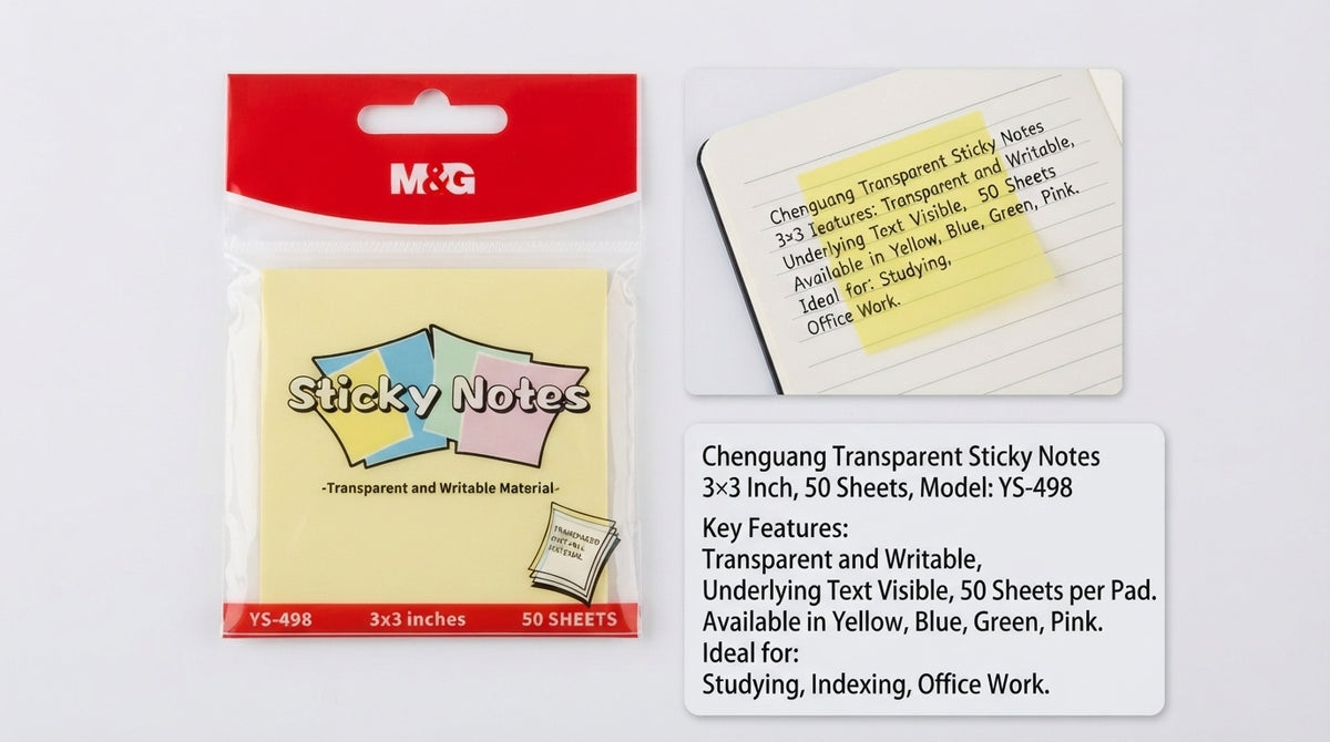 M&G Chenguang Transparent Sticky Notes 3×3 Inch, 50 Sheets – Writable Adhesive Memo Notes - 1pcs – No: YS-498