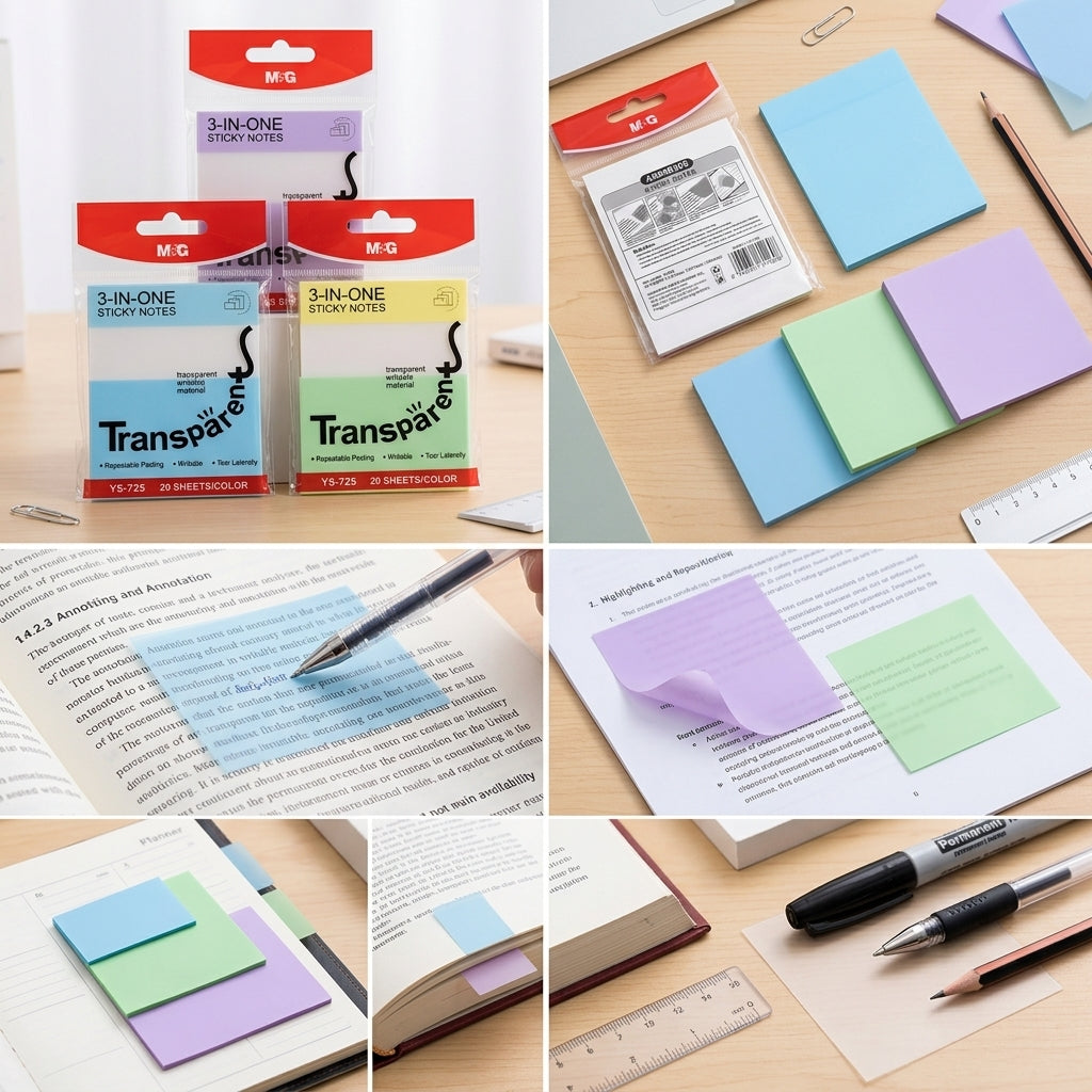 M&G Chenguang 3-in-1 Transparent Sticky Notes Set – YS-725, 60 Sheets, 3 Sizes, Writable Translucent Memo Notes - 1pcs- No: YS-725