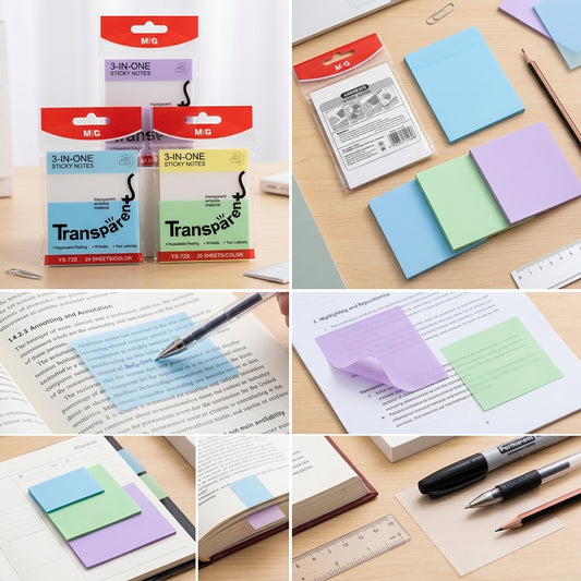 M&G Chenguang 3-in-1 Transparent Sticky Notes Set – YS-725, 60 Sheets, 3 Sizes, Writable Translucent Memo Notes - 1pcs- No: YS-725