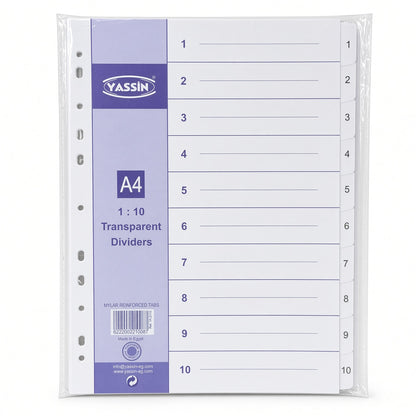 YASSIN A4 10-Section Transparent Index Dividers – Numbered File Organizer with Reinforced Mylar Tabs - No: 2110