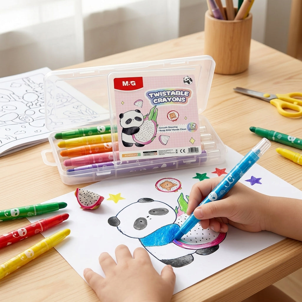 M&G Chenguang Twistable Crayons – 12 Colors Retractable Crayon Set in Storage Case for Kids - No: AGMX4343