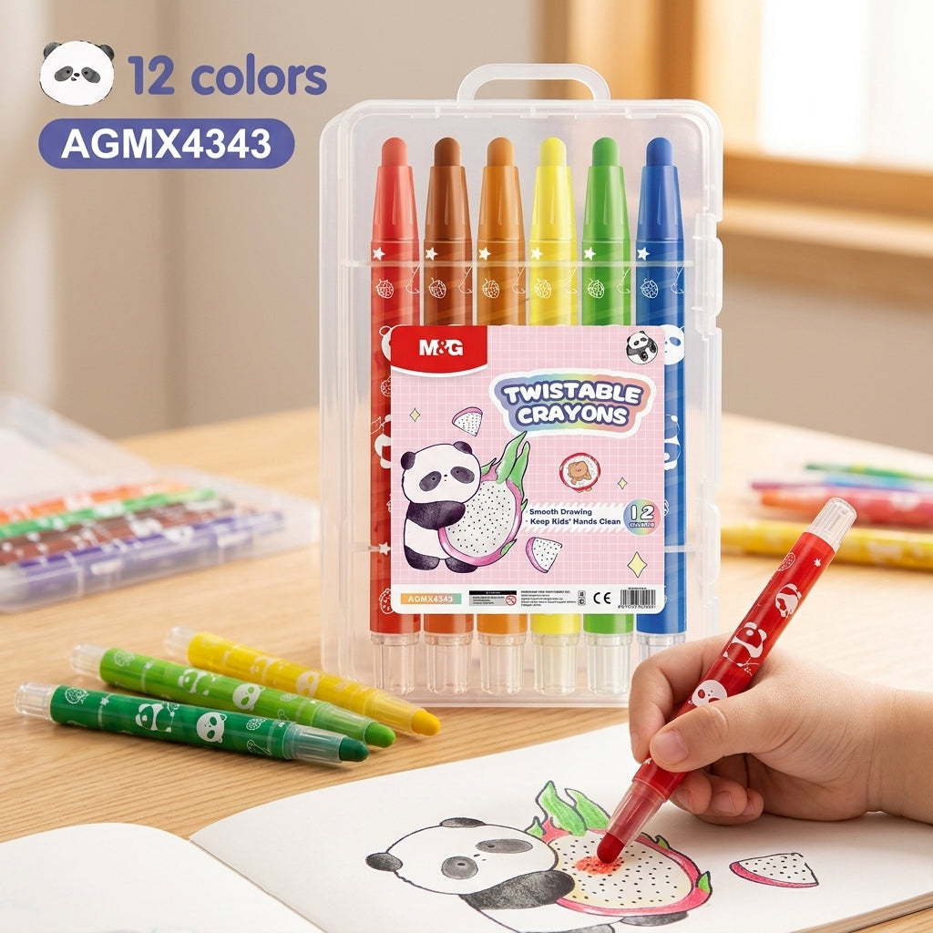 M&G Chenguang Twistable Crayons – 12 Colors Retractable Crayon Set in Storage Case for Kids - No: AGMX4343