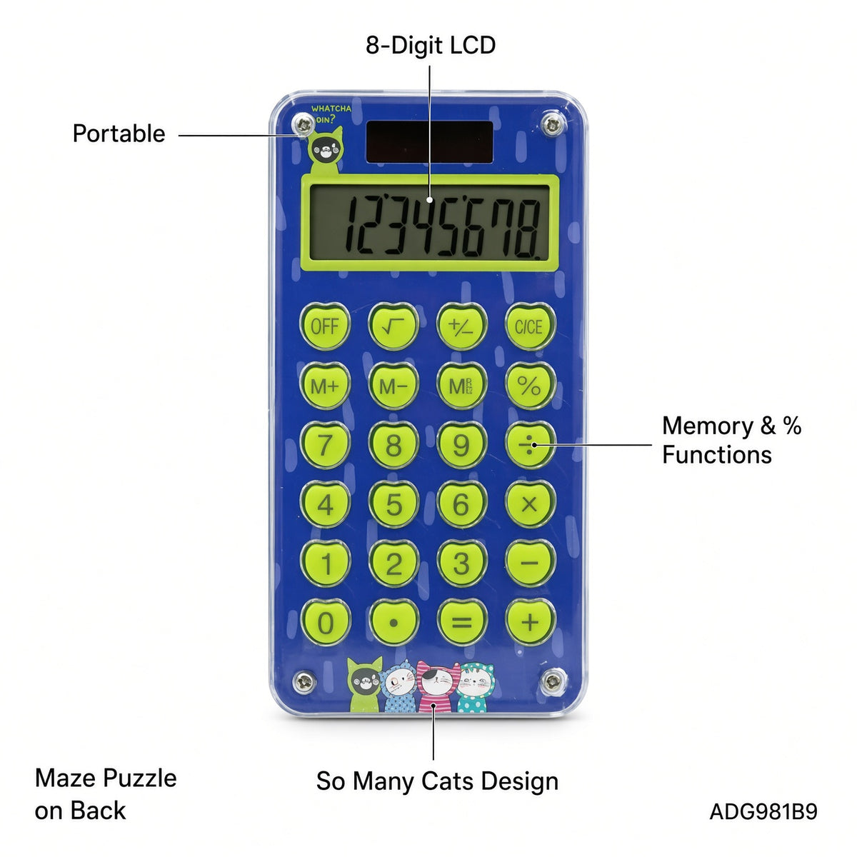 M&G Chenguang So Many Cats 8-Digit Portable Calculator with Puzzle Maze on Back – Colorful Desktop Calculator - 1pcs - No: ADG981B9