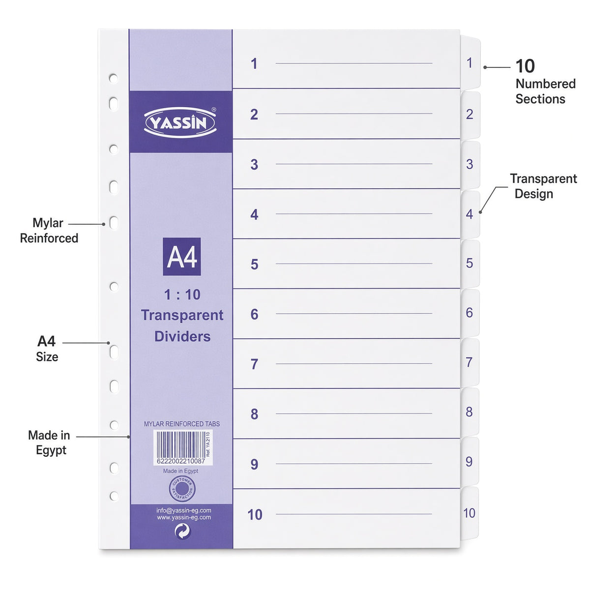YASSIN A4 10-Section Transparent Index Dividers – Numbered File Organizer with Reinforced Mylar Tabs - No: 2110