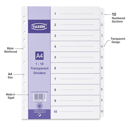 YASSIN A4 10-Section Transparent Index Dividers – Numbered File Organizer with Reinforced Mylar Tabs - No: 2110