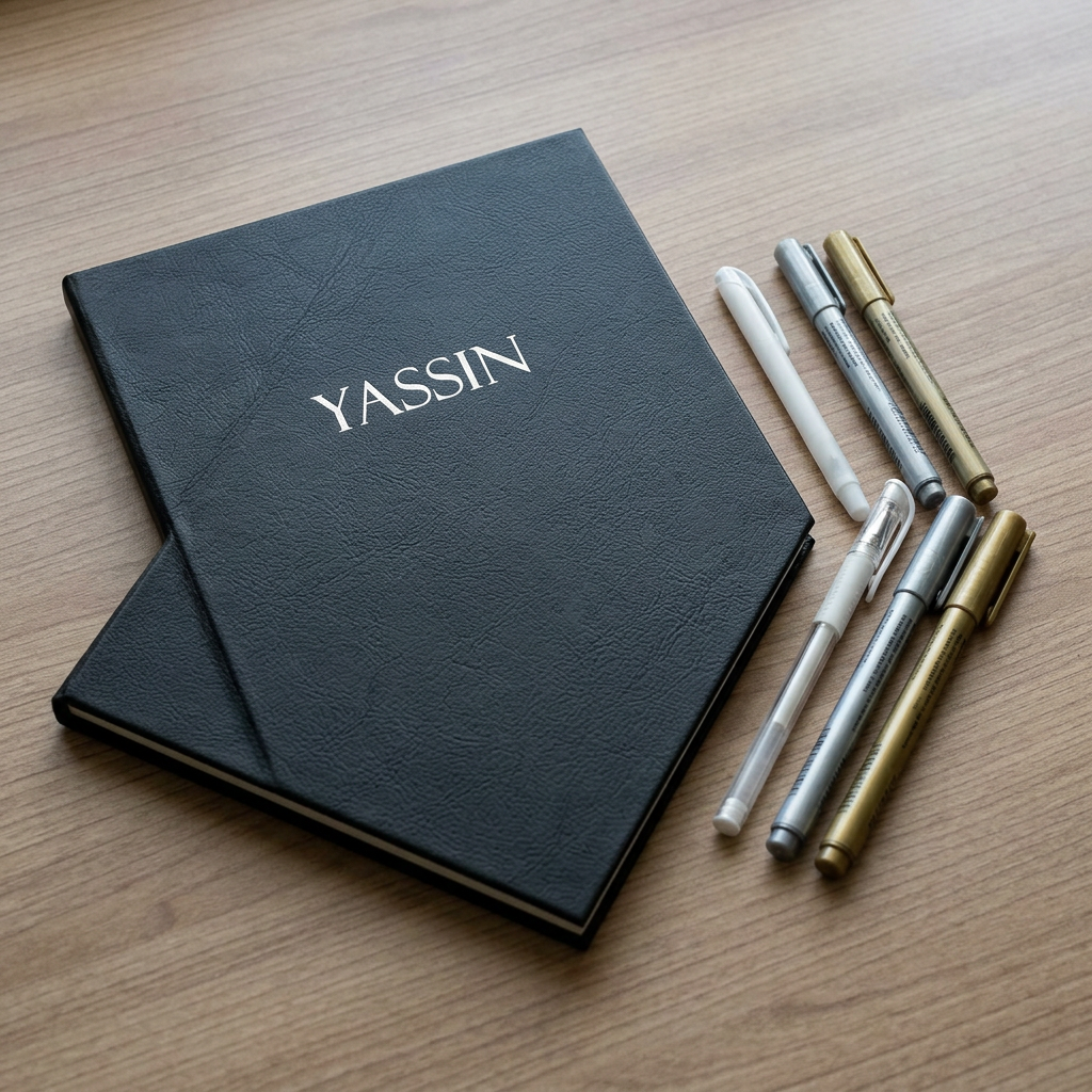 Yassin black sketchbook flatlay with white gel pen and metallic markers