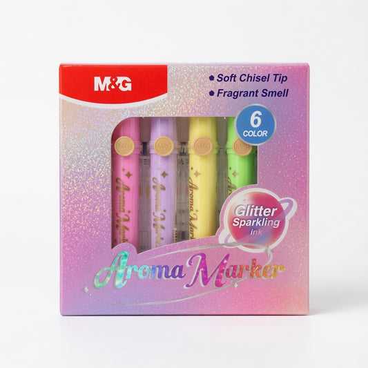 M&G Chenguang Aroma Glitter Highlighter Set – 6 Scented Glitter Colours, Soft Chisel Tip, Fragrant Ink for Journaling, Crafts, School & Office - No: APMV09F5