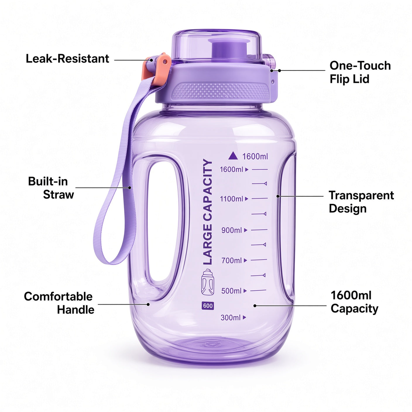 Zannuo Sports Water Bottle with Built-In Straw and One-Touch Flip Lid – 1600ml - Assorted Color - 1pcs