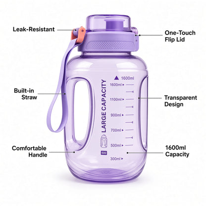 Zannuo Sports Water Bottle with Built-In Straw and One-Touch Flip Lid – 1600ml - Assorted Color - 1pcs